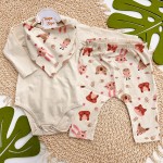 Inverno 2025 - Conj. Body Manga Longa, Babador Bandana e Calça Floresta Baby - Creme