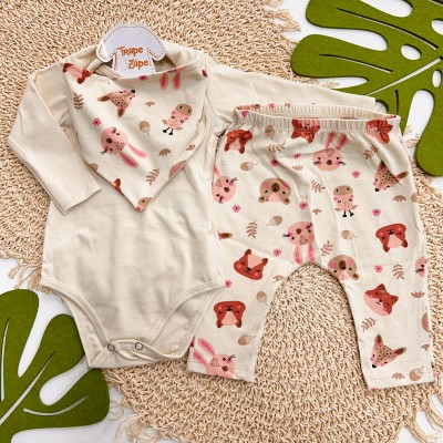 Inverno 2025 - Conj. Body Manga Longa, Babador Bandana e Calça Floresta Baby - Creme
