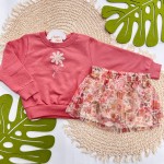 Inverno 2025 - Conj. Casaco Flor e Short Saia em Tule Floral - Goiaba