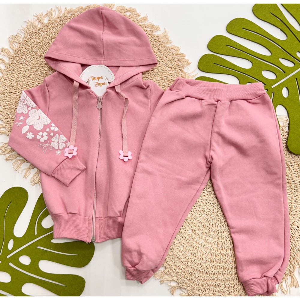 Inverno 2025 - Conj. Jaqueta Florzinhas com Capuz e Calça - Rosa