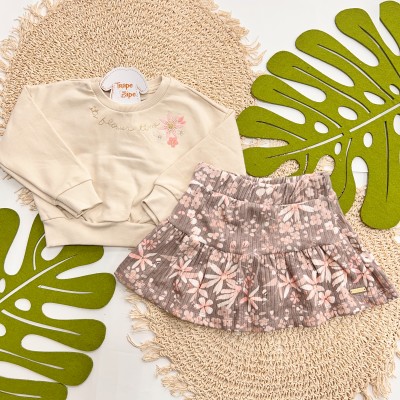 Inverno 2025 - Conj. Blusão Flower Time e Short-Saia Floral - Areia
