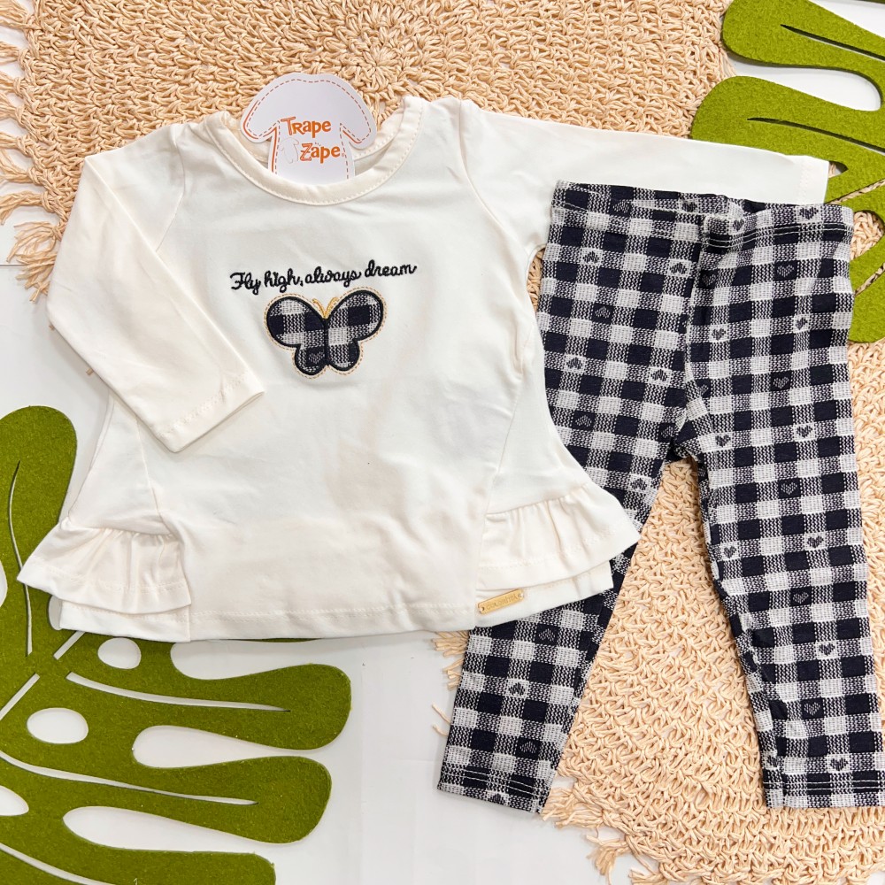 Inverno 2025 - Conj. Blusa Borboleta Fly High e Legging - Off White e Preto