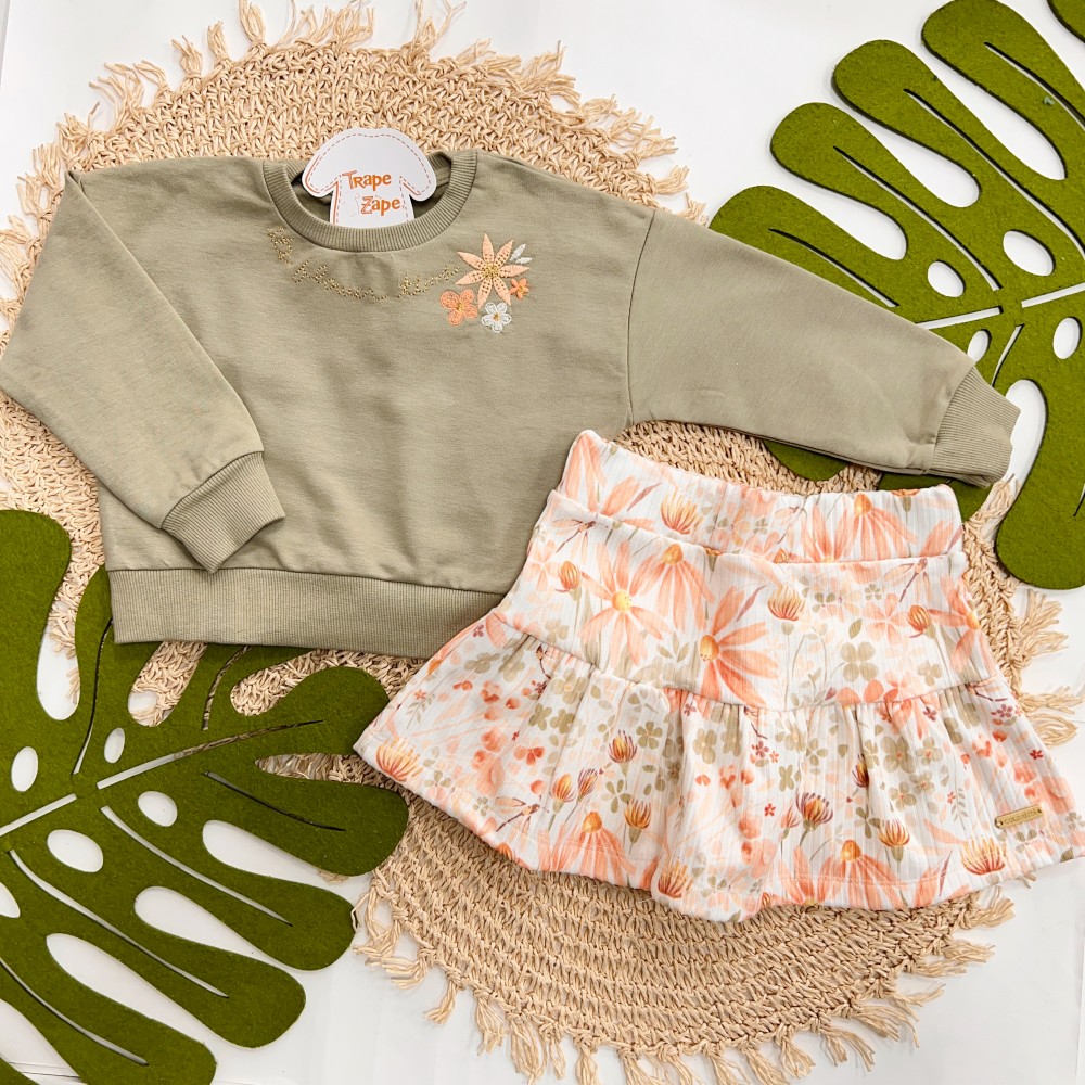 Inverno 2025 - Conj. Blusão Flower Time e Short-Saia Floral - Verde