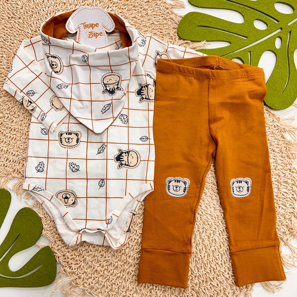 Inverno 2025 - Conj. Body Manga Longa, Babador Bandana e Calça Safari Baby - Creme