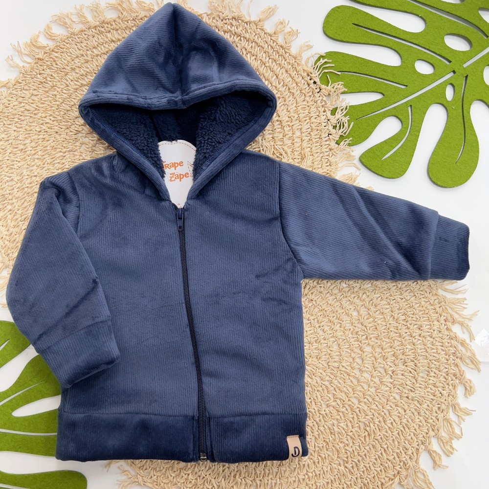 Inverno 2025 - Jaqueta em Plush Canelado com Capuz Irmão Menor - Azul Marinho