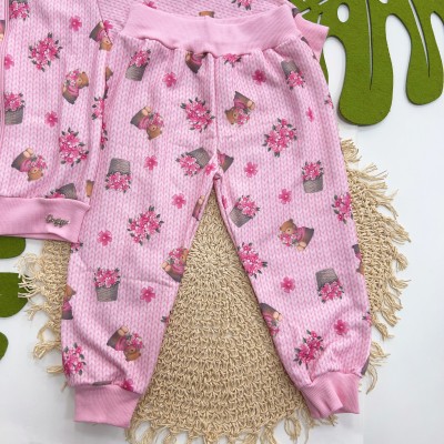 Inverno 2025 - Conj. Jaqueta Bomber Ursinha Floral e Calça em Moletom - Tricot Rosa