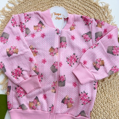 Inverno 2025 - Conj. Jaqueta Bomber Ursinha Floral e Calça em Moletom - Tricot Rosa