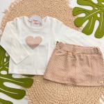 Inverno 2025 - Conj. Blusa Coração Bordado e Short-Saia Trançinhas - Off White e Areia