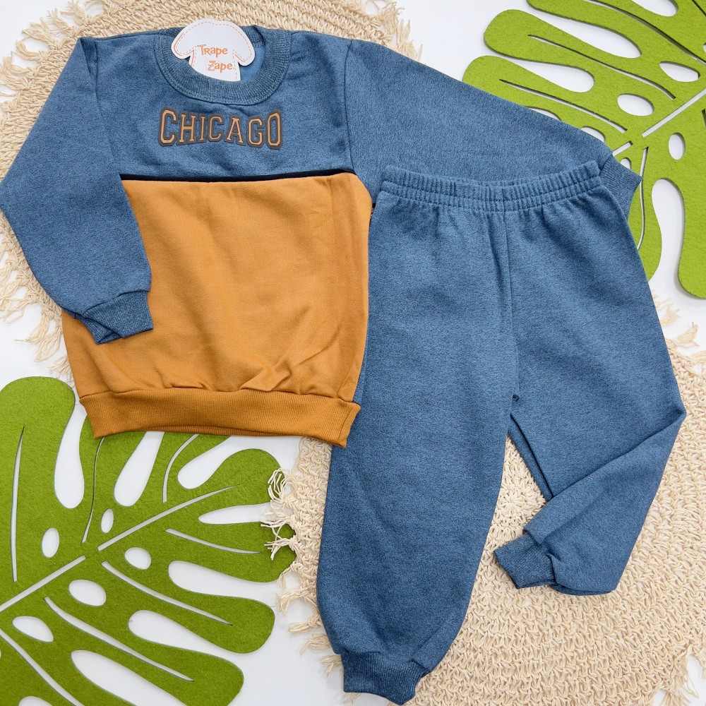 Inverno 2025 - Conj. Blusa em Moletom "Chicago" e Calça em Moletom - Ferrugem e Azul Jeans