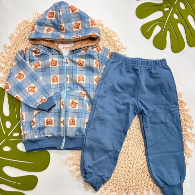 Inverno 2025 - Conj. Jaqueta Ursos Capuz com Pelinho e Calça - Azul Jeans