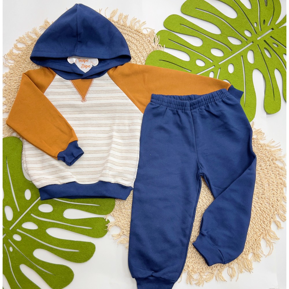 Inverno 2025 - Conj. Blusa Eco com Capuz e Calça em Moletom - Ferrugem e Marinho