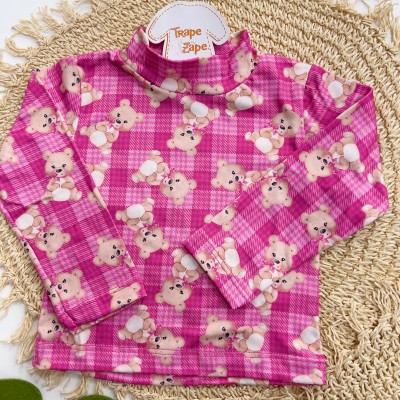 Inverno 2025 - Conj. Blusa Gola Alta Ursinhas e CalçaFlare em Plush Canelado - Pink