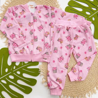 Inverno 2025 - Conj. Jaqueta Bomber Ursinha Floral e Calça em Moletom - Tricot Rosa