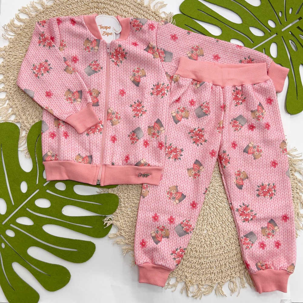 Inverno 2025 - Conj. Jaqueta Bomber Ursinha Floral e Calça em Moletom - Tricot Vermelho