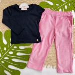 Inverno 2025 - Conj. Blusa Ribana e Calça Flare em Plush Canelado - Preto e Rosa