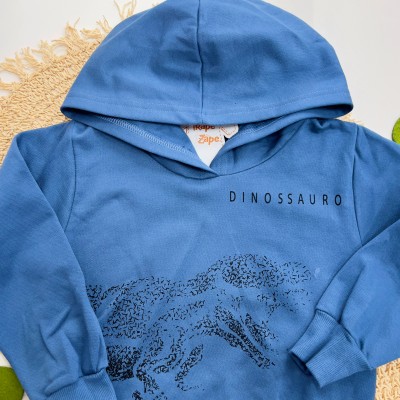 Inverno 2025 - Conj. Blusa com Capuz Dinossauro e Calça em Moletom - Azul Jeans e Preto
