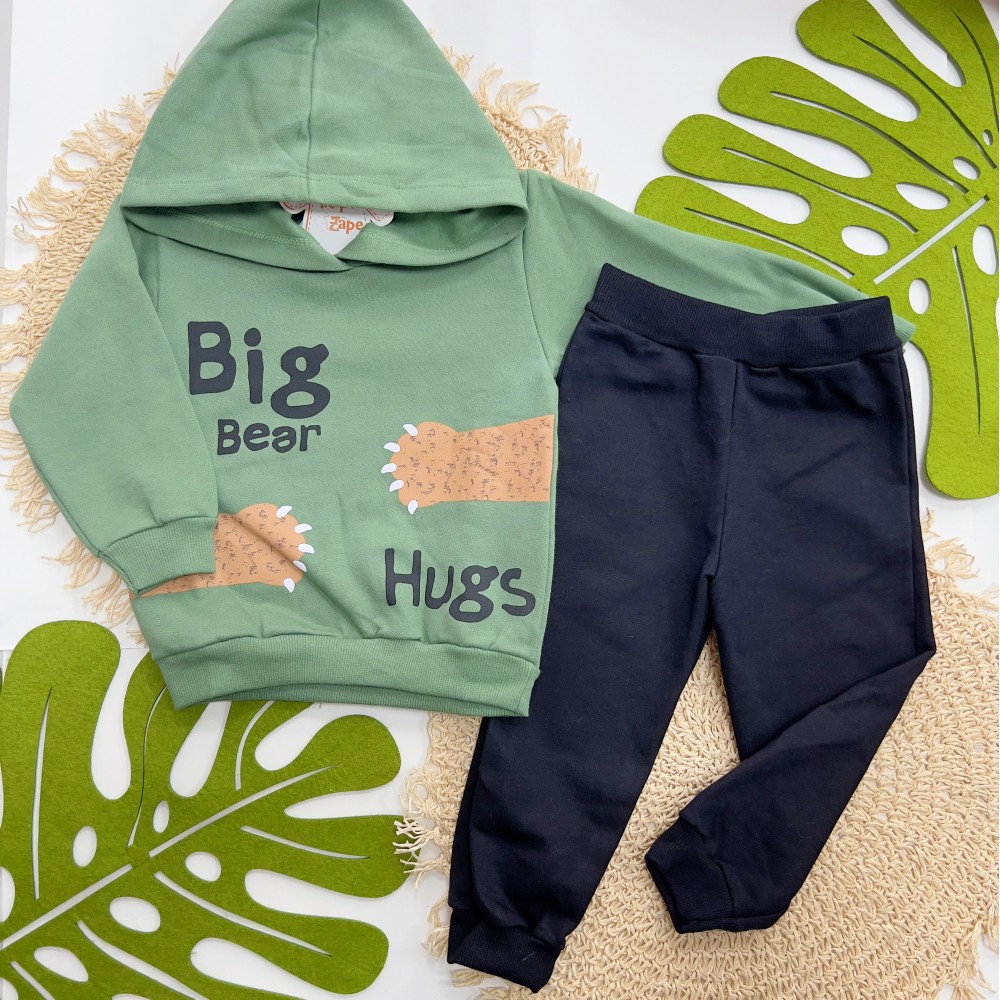 Inverno 2025 - Conj. Blusa com Capuz Big Bear e Calça em Moletom - Verde e Preto