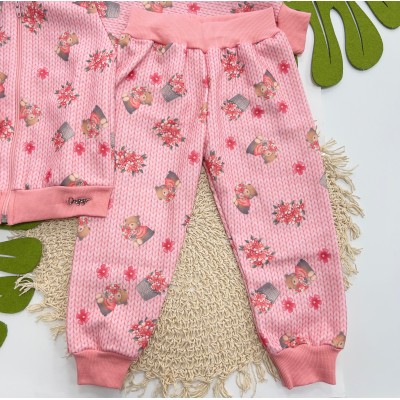 Inverno 2025 - Conj. Jaqueta Bomber Ursinha Floral e Calça em Moletom - Tricot Vermelho
