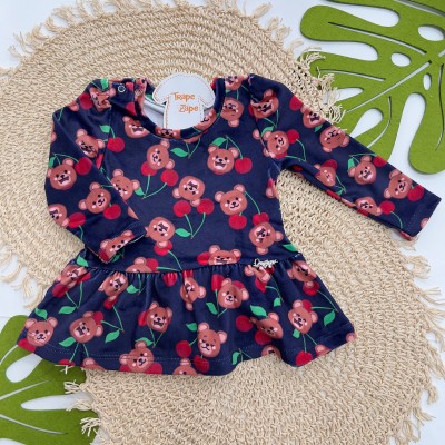 Inverno 2025 - Vestido em Plush Ursinhos e Cerejinhas - Marinho