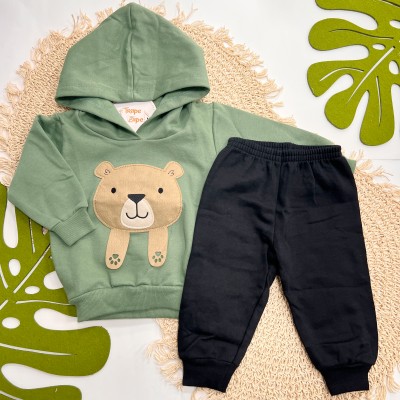 Inverno 2025 - Conj. Casaco com Capuz Urso Fofo e Calça - Verde e Preto