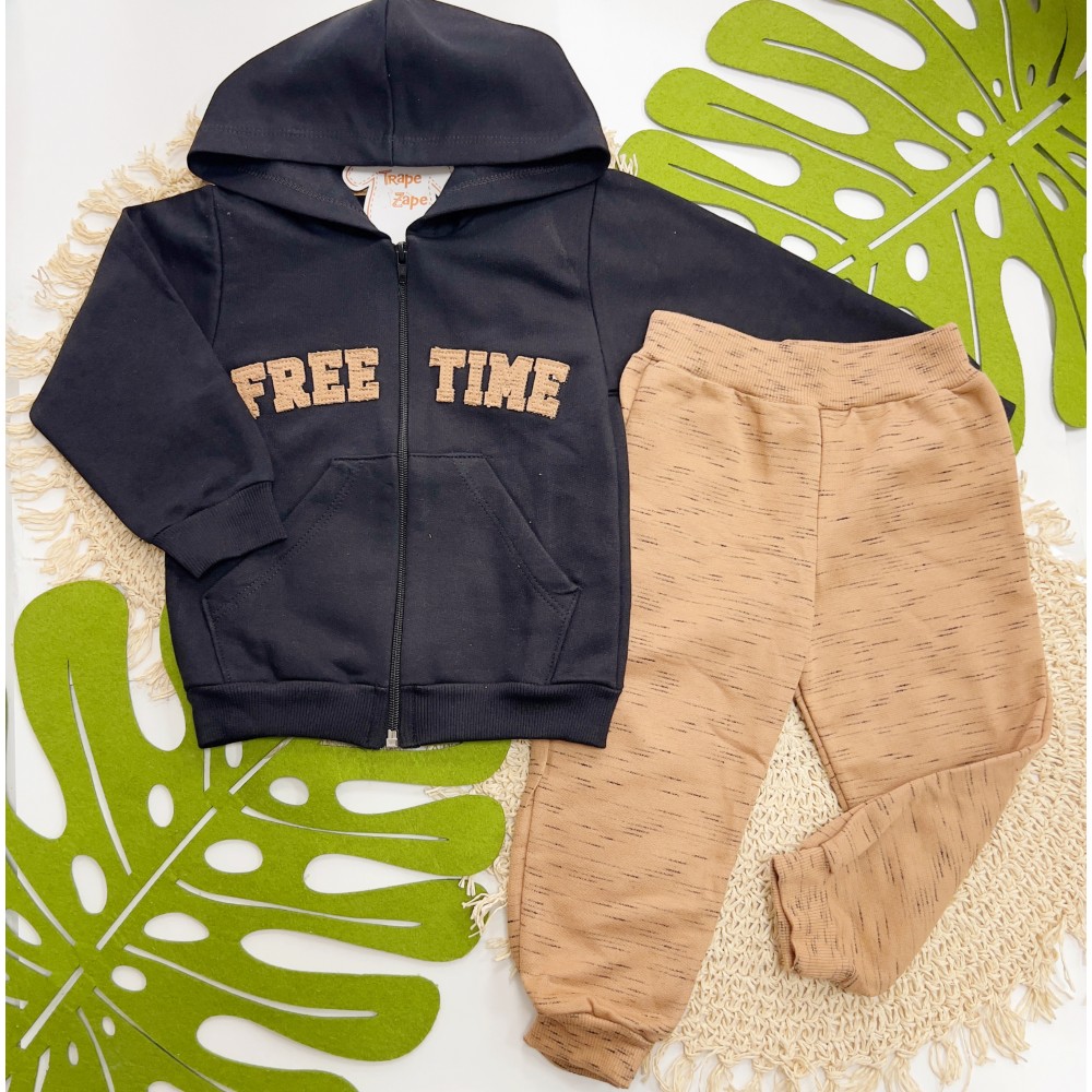 Inverno 2025 - Conj. Jaqueta Free Time e Calça em Moletom - Preto e Caramelo