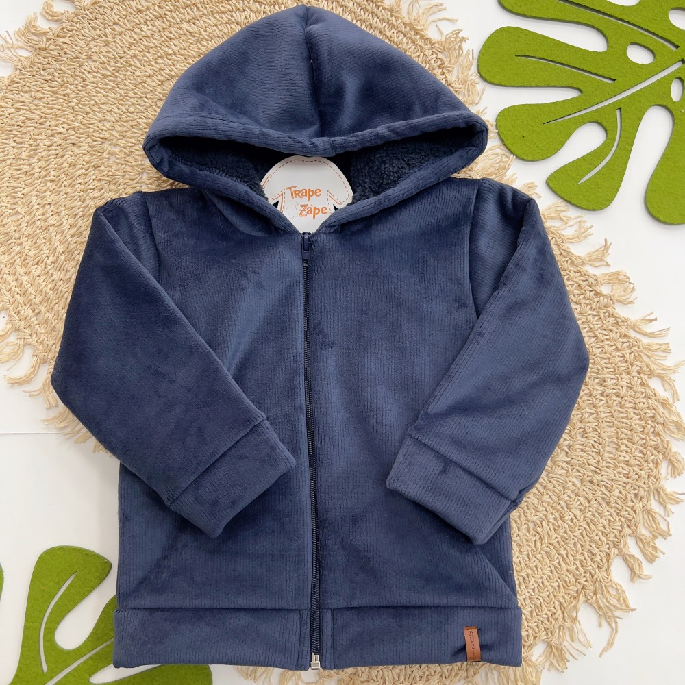 Inverno 2025 - Jaqueta em Plush Canelado com Capuz Irmão Maior - Azul Marinho