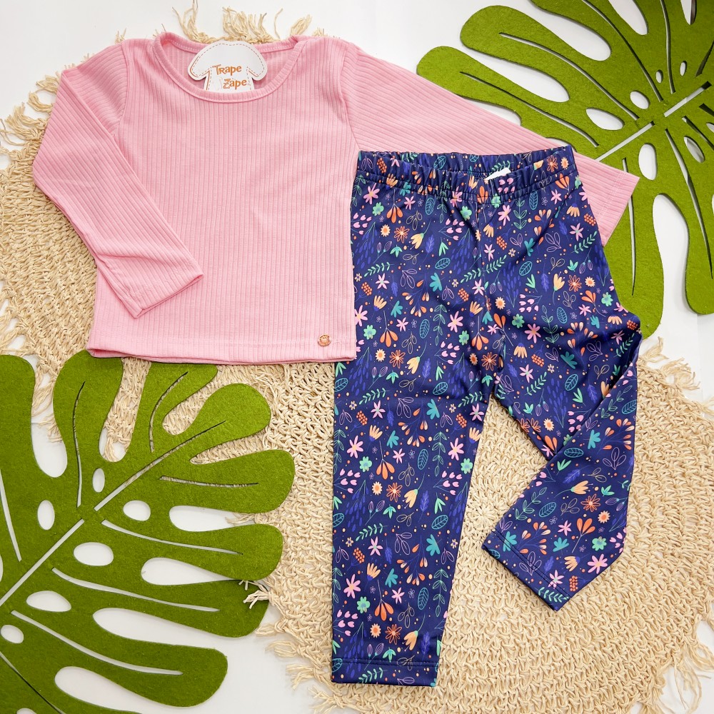 Inverno 2025 - Conj. Blusa Canelada e Calça Legging Floral - Rosa e Marinho