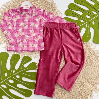Inverno 2025 - Conj. Blusa Gola Alta Ursinhas e CalçaFlare em Plush Canelado - Pink