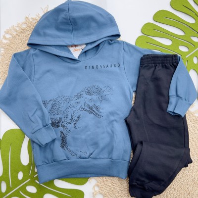Inverno 2025 - Conj. Blusa com Capuz Dinossauro e Calça em Moletom - Azul Jeans e Preto