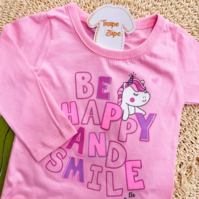 Inverno 2025 - Conj. Blusa Manga Longa "Be Happy and Smile e Legging Unicórnio - Rosa