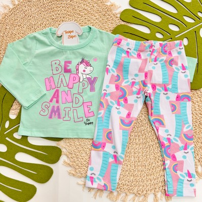 Inverno 2025 - Conj. Blusa Manga Longa "Be Happy and Smile e Legging Unicórnio - Verde