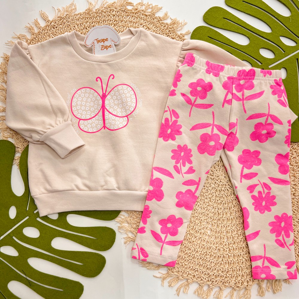 Inverno 2025 - Conj. Blusão Borboleta "A Flor Mais Colorida" e Legging Flores - Areia e Pink