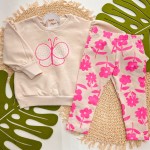 Inverno 2025 - Conj. Blusão Borboleta "A Flor Mais Colorida" e Legging Flores - Areia e Pink