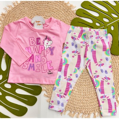 Inverno 2025 - Conj. Blusa Manga Longa "Be Happy and Smile e Legging Unicórnio - Rosa