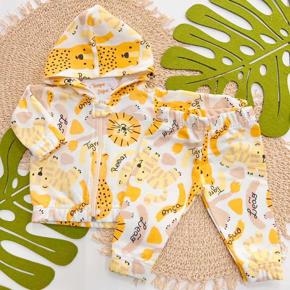 Inverno 2025 - Conj. Jaqueta e Calça de Moletom Leão e Onça - Off White e Laranja