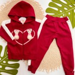 Inverno 2025 - Conj. Jaqueta Onças com Coração e Calça com Pelinho - Vermelho e Off White