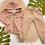 Inverno 2025 - Conj. Jaqueta Floral com Capuz e Calça em Moletom - Areia e Rosa