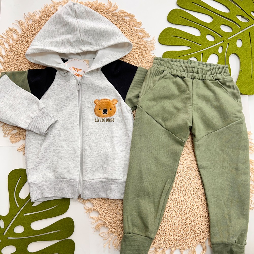 Inverno 2025 - Conj. Jaqueta Little Dude e Calça em Moletom - Preto e Mescla
