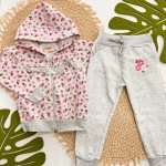Inverno 2025 - Conj. Jaqueta Floral com Capuz e Calça em Moletom - Mescla e Rosa