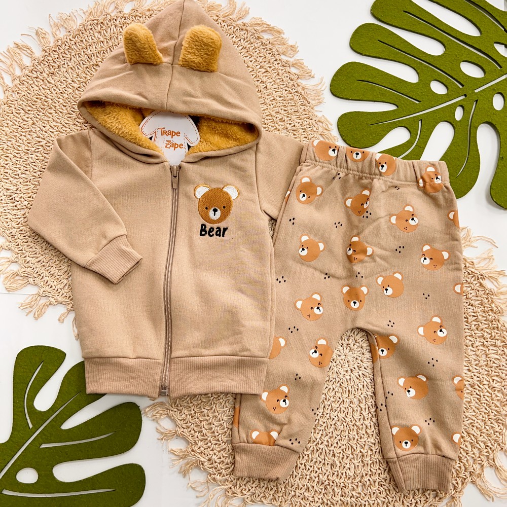 Inverno 2025 - Conj. Jaqueta Bear com Capuz e Calça em Moletom - Areia
