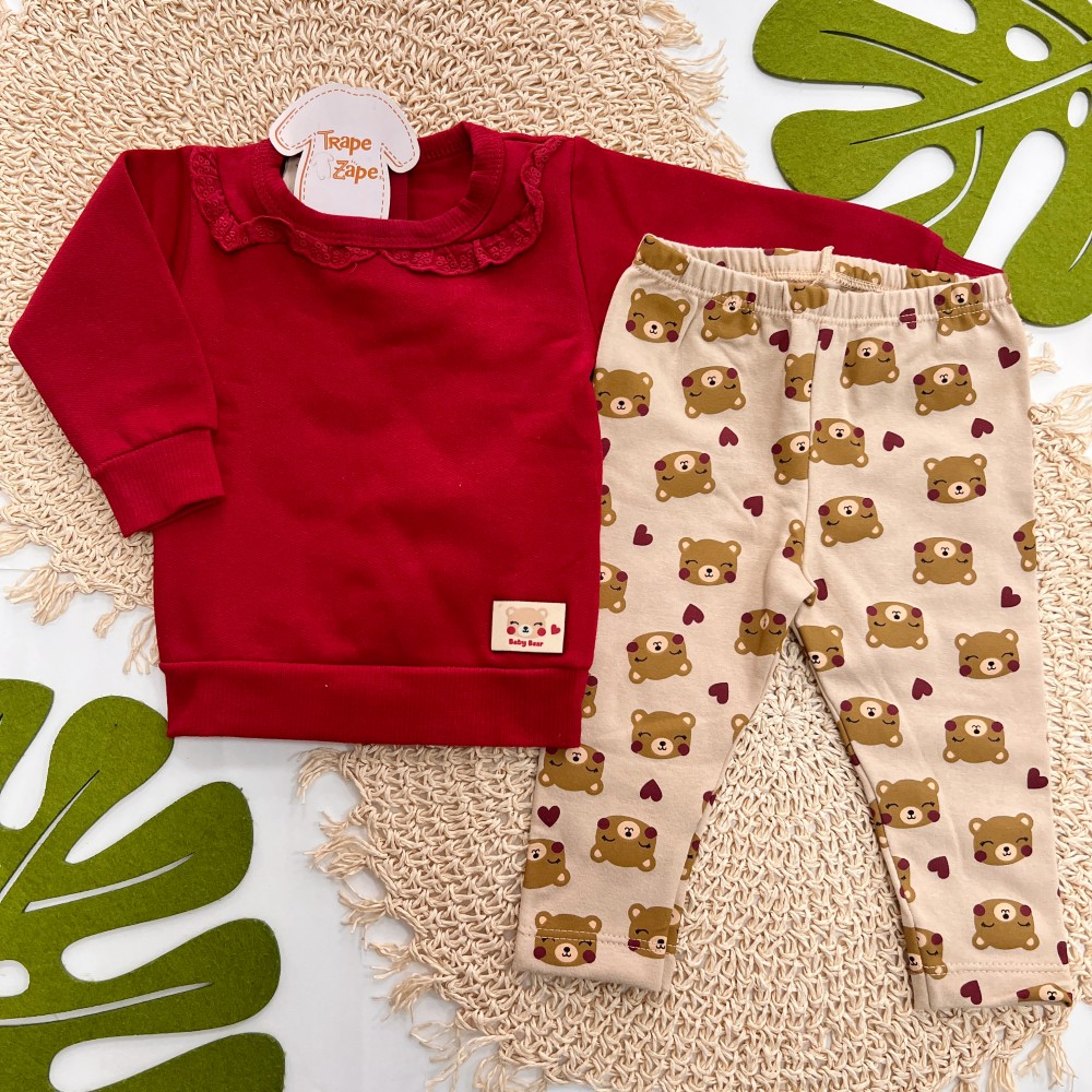  Inverno 2025 - Conj. Blusa com Gola em Lese e Legging Baby Bear -Vermelho