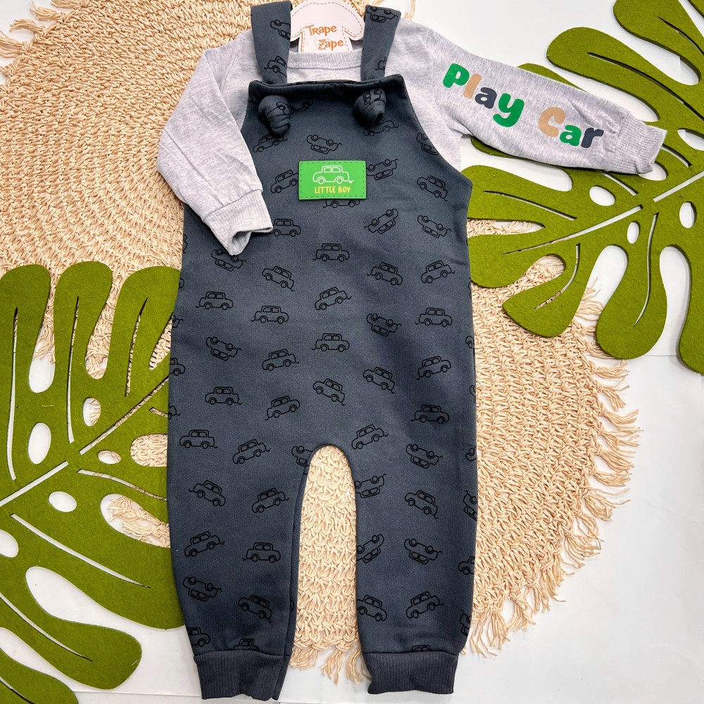 Inverno 2025 - Conj. Blusa Manga Longa Play Car e Jardineira Little Boy - Chumbo