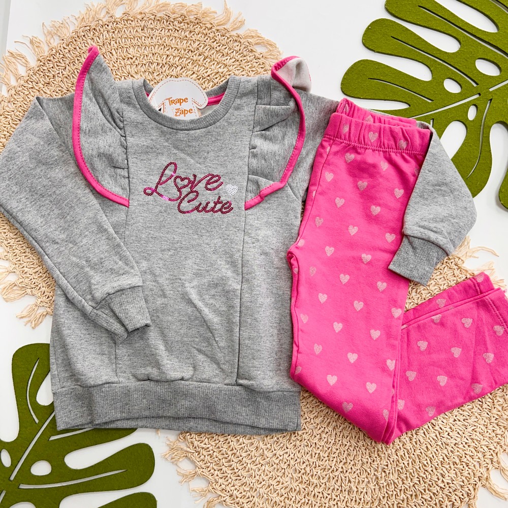 Inverno 2025 - Conj. Casaco Love Cute e Legging Corações - Mescla e Pink
