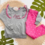 Inverno 2025 - Conj. Casaco Love Cute e Legging Corações - Mescla e Pink