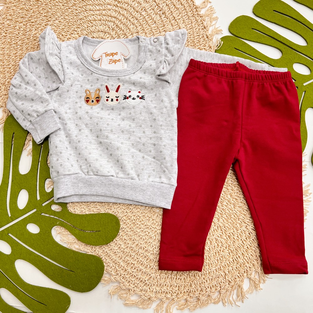 Inverno 2025 - Conj. Blusão Poá com Bichinhos e Legging - Mescla e Bordô