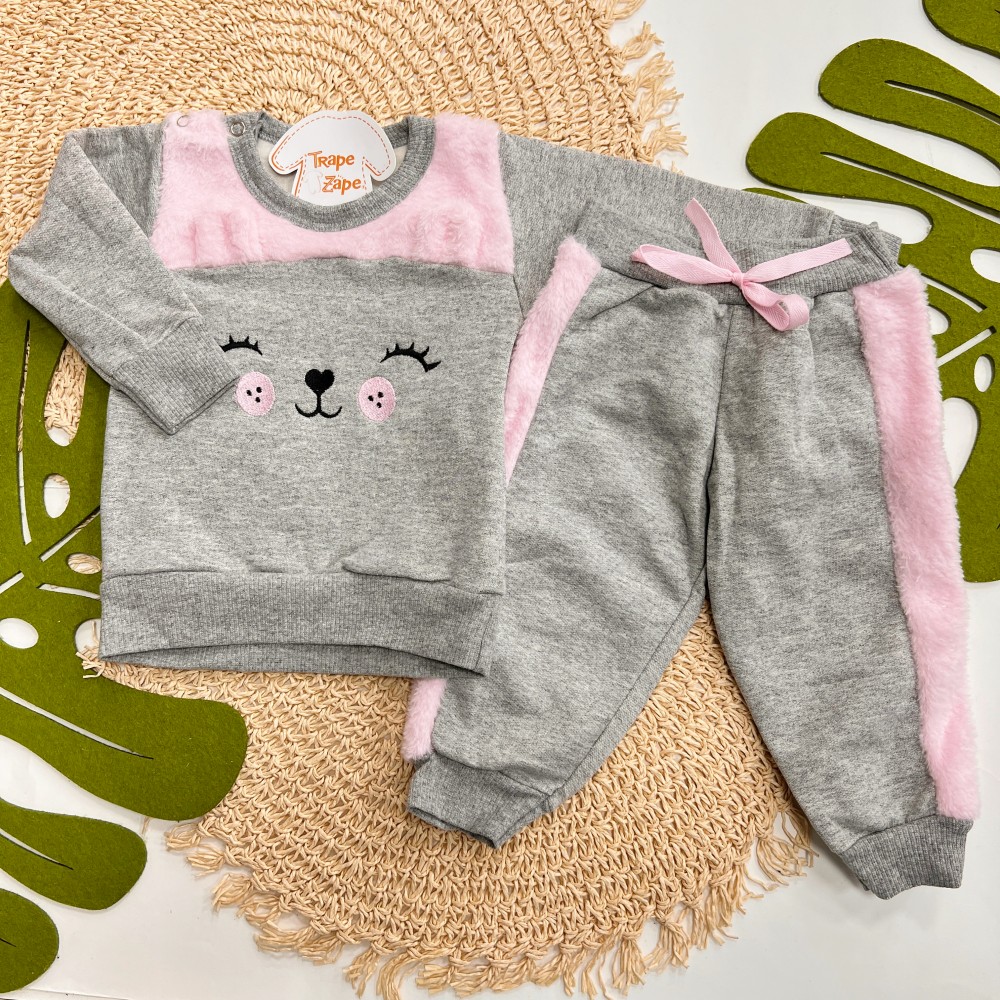  Inverno 2025 - Conj. Blusão Ursinha Feliz e Calça em Moletom - Mescla e Rosa