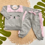  Inverno 2025 - Conj. Blusão Ursinha Feliz e Calça em Moletom - Mescla e Rosa