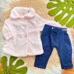 Inverno 2025 - Conj. Casaco em Pelinho e Calça com Botão Coração - Rosa