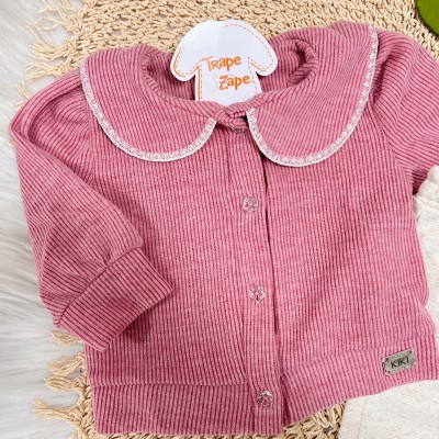 Inverno 2025 - Conjunto Florzinha Casaco Canelado com Gola Boneca e Calça - Rose e Bege 