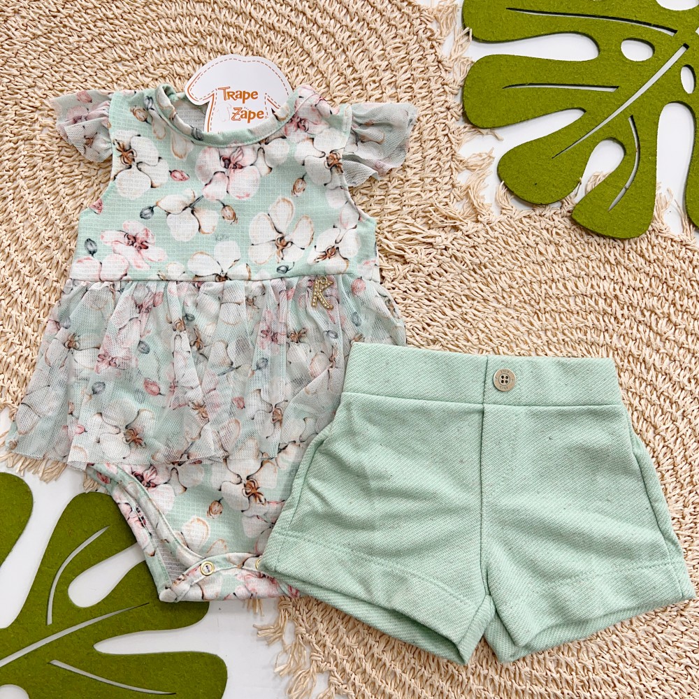Inverno 2025 - Conj. Body Floral  e Short em Linho - Verde